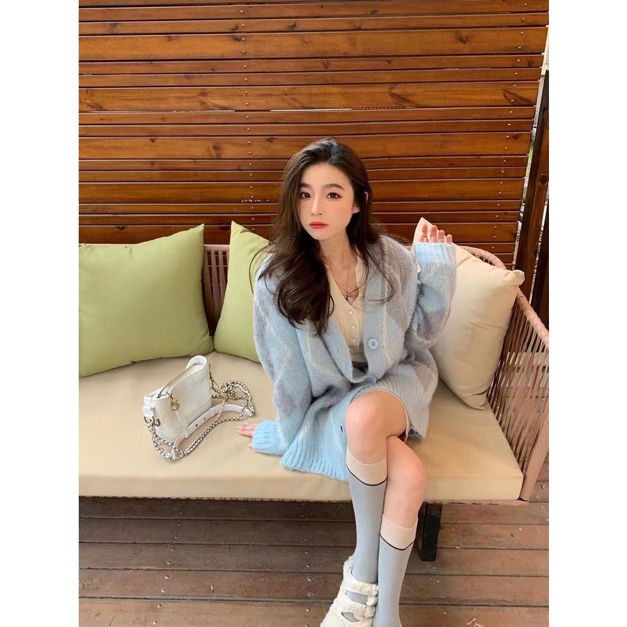 Simona22 Muối Biển Mùa Thu Mary Pure Mary Áo Khoác Cardigan Dài Trung Bình Màu Xám Xanh Lam Kim Cương