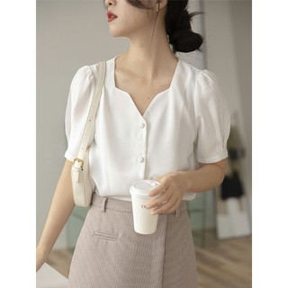 Sơ mi cộc tay cổ V tay bồng công sở lụa hàn
