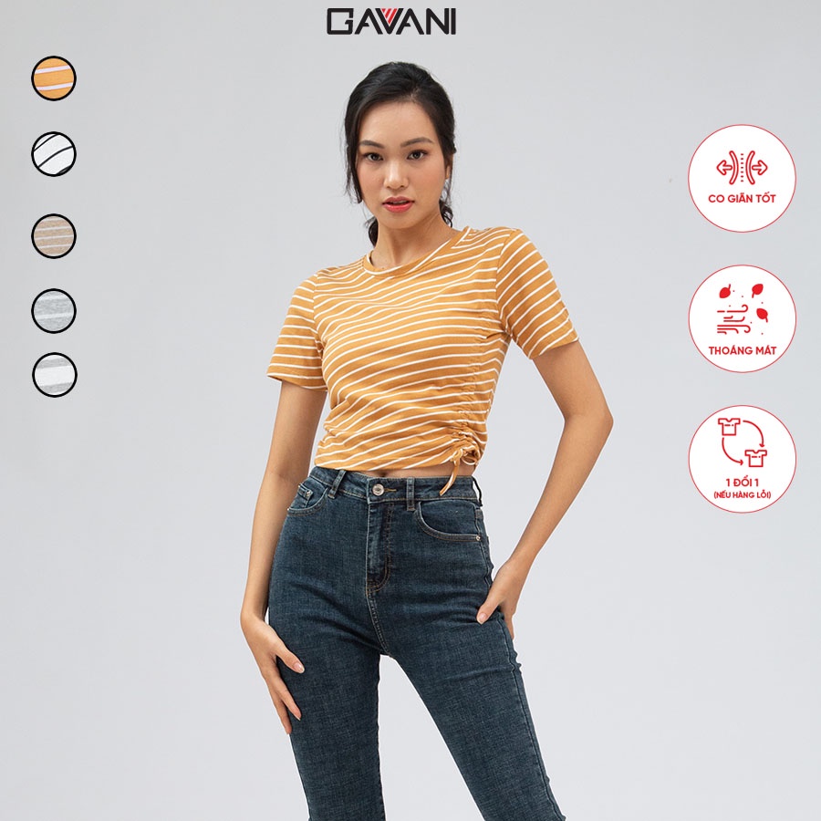 [Mã BMLTB35 giảm đến 35K đơn 99K] Áo thun nữ croptop cổ tròn, ngắn tay, thắt nơ_Gavani_STRIPE COLOUR 3