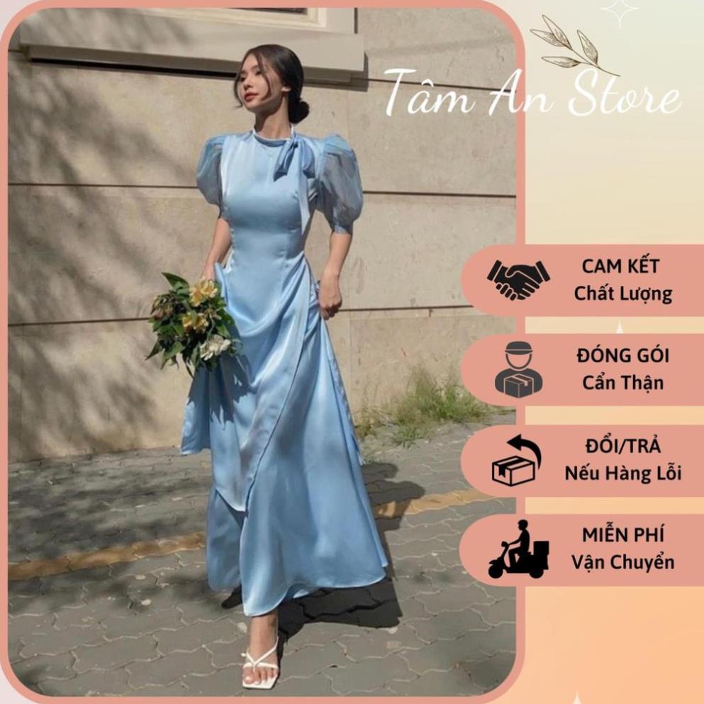 Áo Dài Cách Tân Xanh Dương, Áo Dài Nơ Cổ Phối Tay Phồng Voan Kèm Quần Suông Sang Trọng Dịu Dàng Cho Bạn Nữ Ngày Tết.