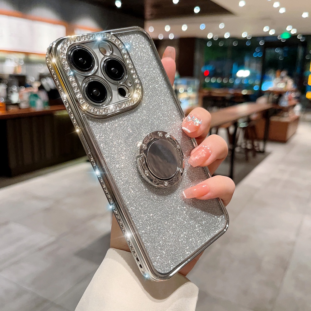 Ốp Điện Thoại Dẻo Đính Kim Cương Lấp Lánh Kèm Giá Đỡ Nhẫn Cho iphone 15 13 12 11 pro max iphone 14 pro max ip 14 plus