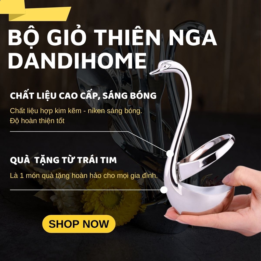 [Sale] Set giỏ thiên nga trang trí DandiHome kiêm đựng và 6 nĩa trái cây Inox 304 cao cấp