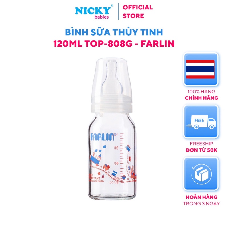 Bình sữa cho bé, Bình Sữa Thủy Tinh 120ml TOP-808G - Farlin, thủy tinh chịu nhiệt có chia vạch