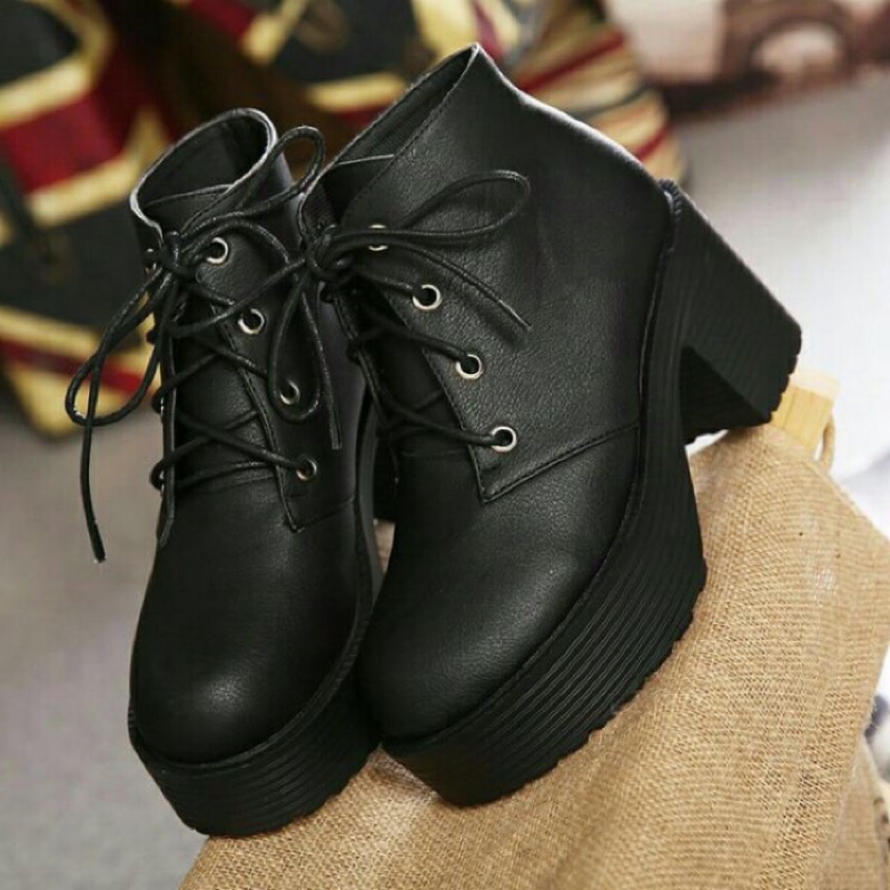 Giày Bốt Cao Gót Mũi Tròn Đế Dày Cột Dây Cá Tính Thời Trang Phong Cách Hàn Quốc Size 35-41