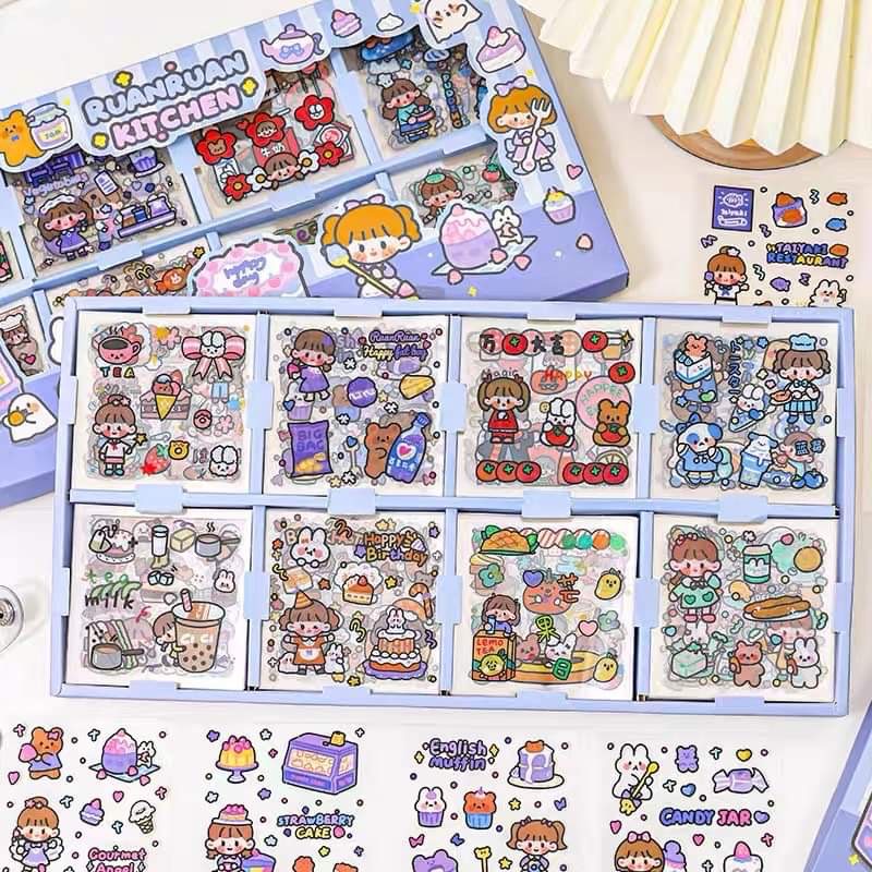 Hộp sticker 200 tấm hình dán mèo vũ trụ dễ thương trang trí sổ planner bullet journal