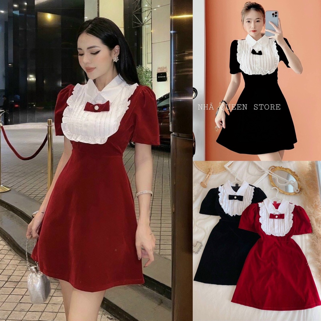 Đầm Váy Nữ Chất Liệu Nhung Phối Cổ Bèo Dập Ly Đính Nơ Thiết Kế Sang Chảnh Đi Làm Công Sở, Dạ Hội Và Du Lịch Cực Xinh Đẹp