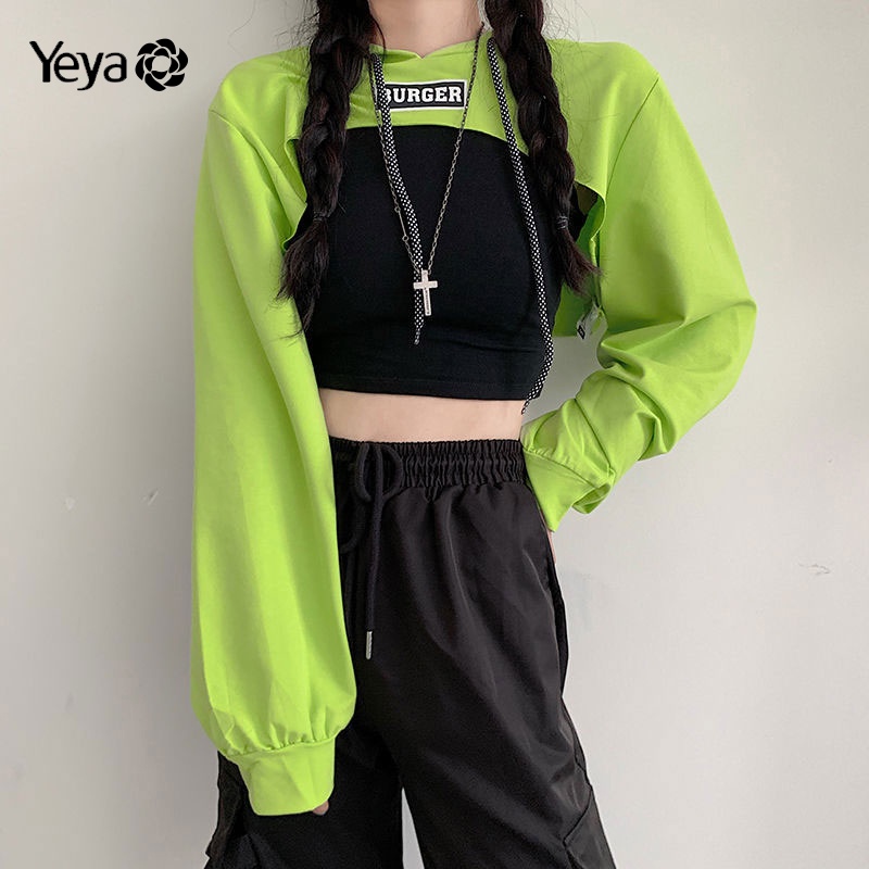 Áo hoodie YEYA dáng ngắn tay dài phong cách hip hop đường phố cho nữ