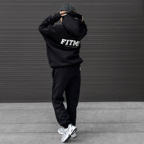 Bộ quần áo thể thao nữ Fitme áo khoác Hoodie Đen, quần Jogger nỉ Đen cạp cao hỗ trợ tập yoga tốt