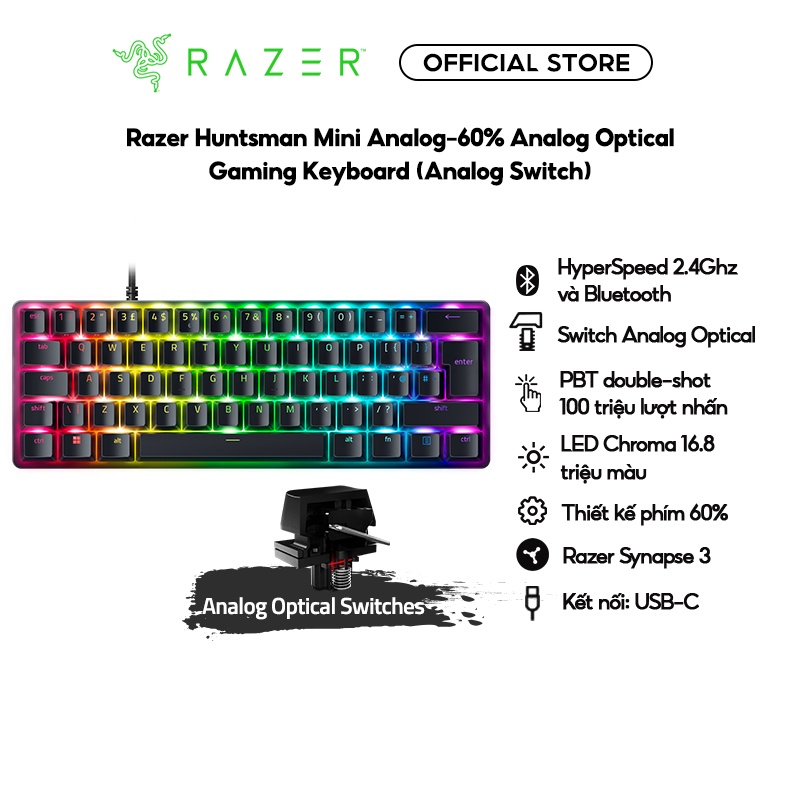 Bàn phím cơ có dây Razer Huntsman Mini Analog Size 60% | Switch Analog | Switch PBT Double | 100 triệu lần nhấn |Led RGB