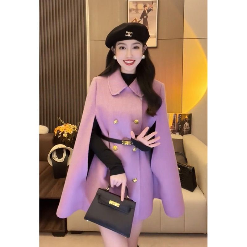 Xiaoxiang Áo Choàng Len Cao Cấp Màu Tím Phong Cách Hepburn Thu Đông Dành Cho Nữ