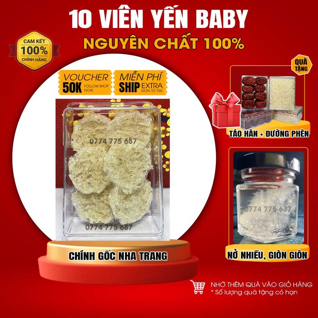 10 Yến Baby Tinh Chế Nguyên Chất Nha Trang Queen Nest Yến Vụn Sạch Lông Không Tẩy Trắng Cao Cấp