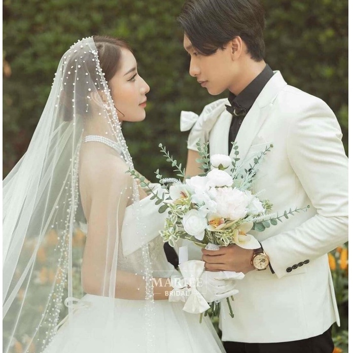 Khăn voan , lúp von đính ngọc trai nhân tạo phong cách ngọt ngào thời trang cho cô dâu