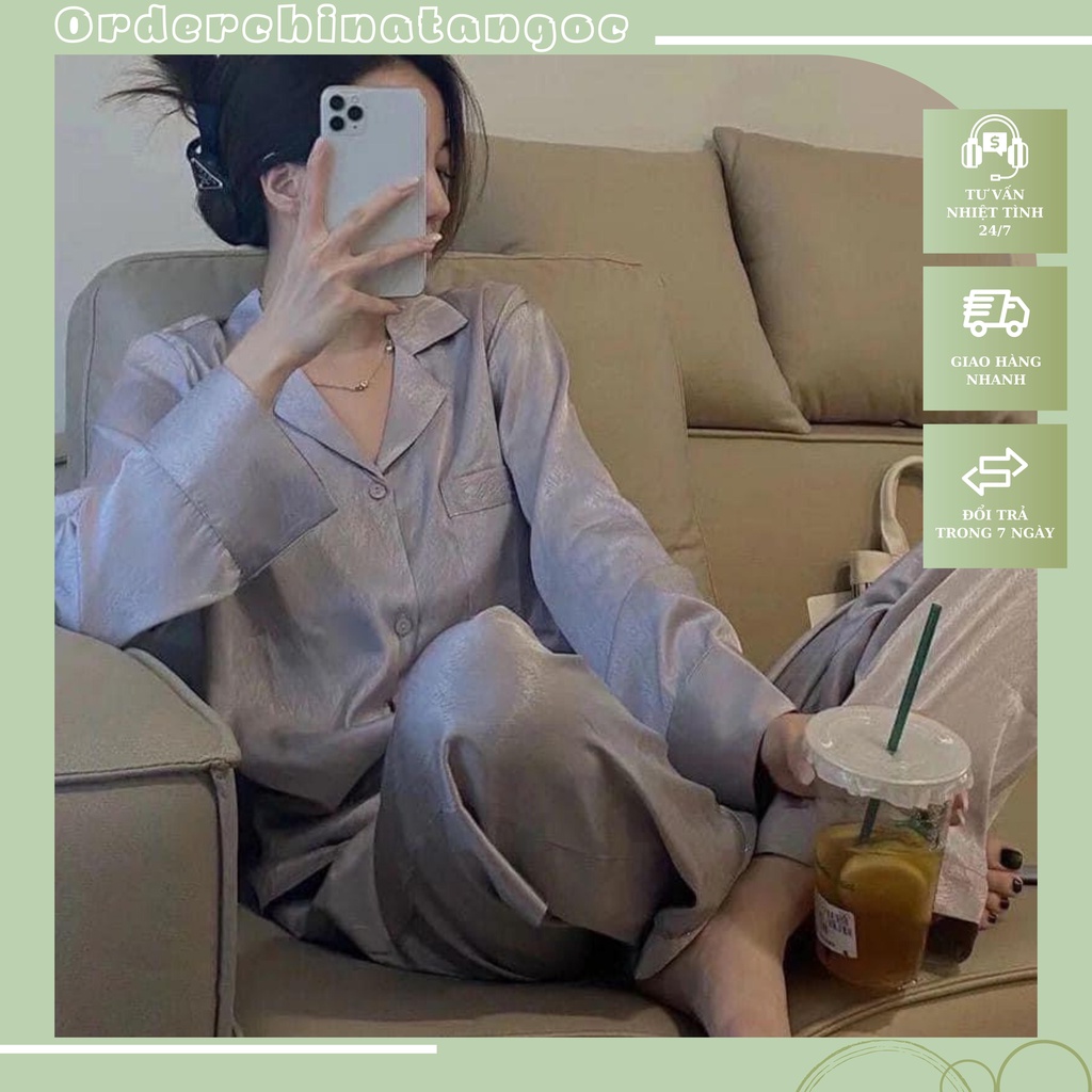 Bộ Đồ Ngủ Lụa Cao Cấp Tay Dài Cho Nữ Màu Sắc Sang Trọng Rêu/Tím/Đen - OrderChinaTanGoc