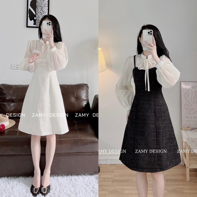 Váy Dạ Phối Tơ Giả Yếm 2 Màu Hàng 2 Lớp Siêu Xinh Có Ảnh Thật