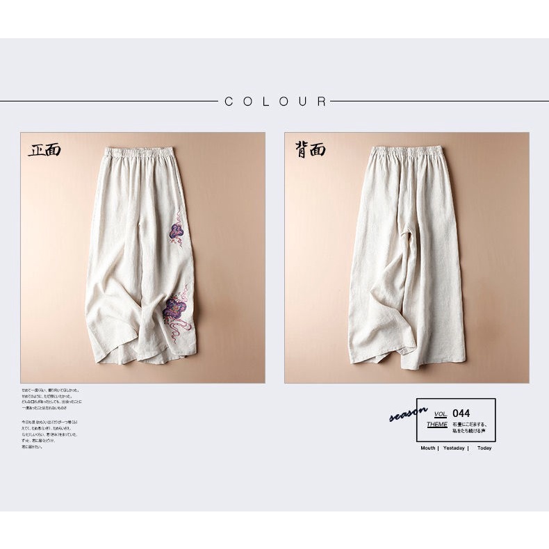 Quần Cotton Lanh Ống Rộng Lưng Cao Thêu Họa Tiết Phong Cách Mới Mùa Hè Cho Nữ