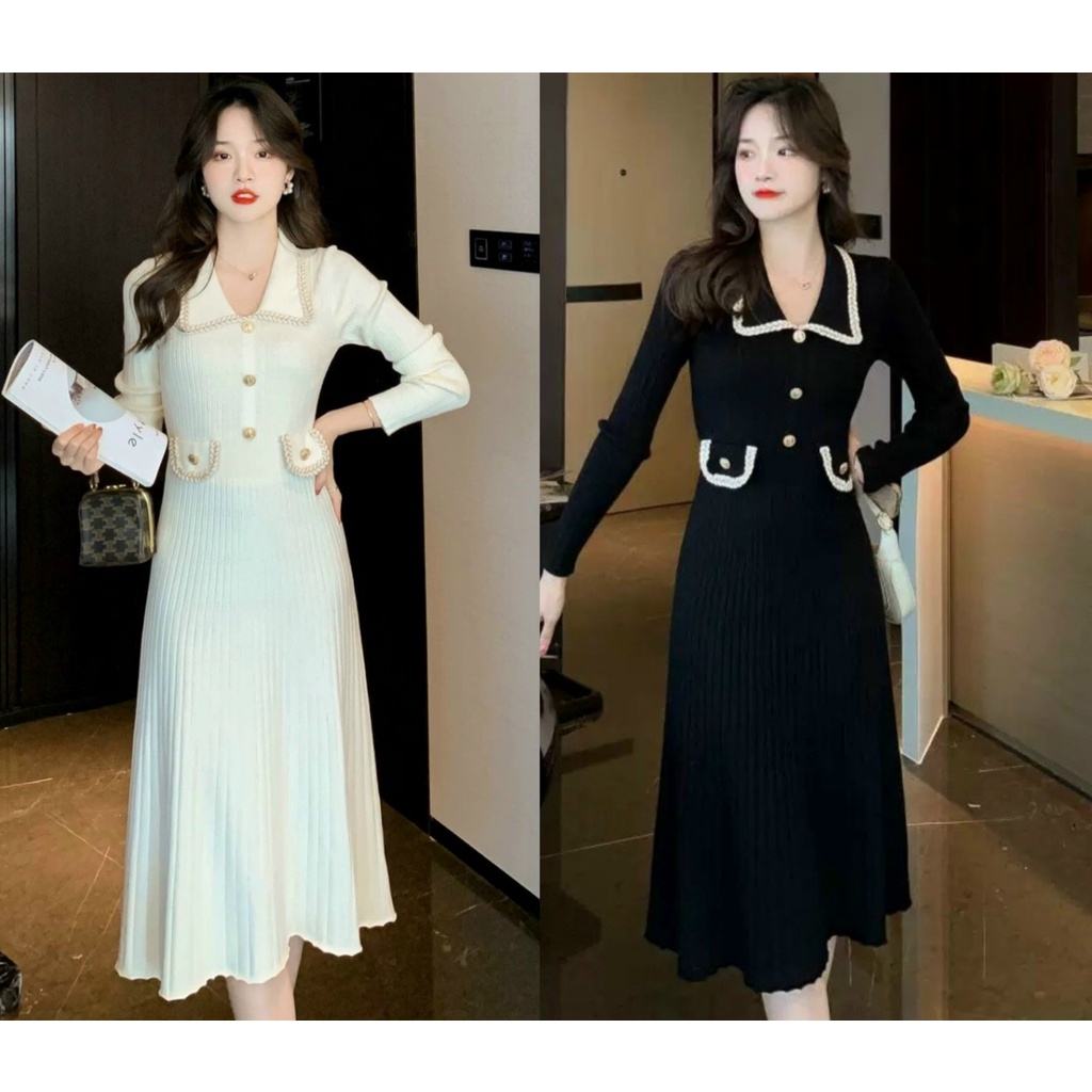 Đầm xòe len dệt kim phối nút cao cấp - Mua váy xòe len dập ly đẹp
