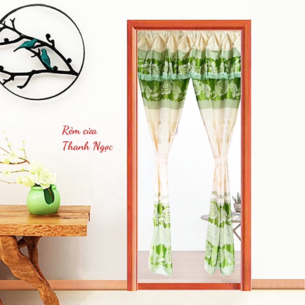 Rèm Cửa Thanh Ngọc Vải Gấm Thêu Hoa Văn Xẻ Giữa Màu Xanh Ngọc