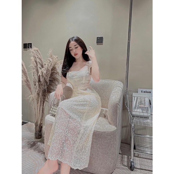 Đầm ren cổ vuông phom xoè nhẹ thiết kế cao cấp