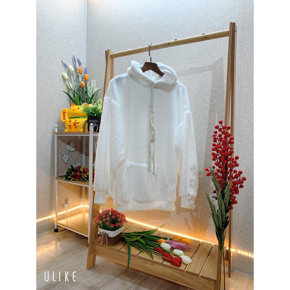 Áo khoác hoodie lông cừu form rộng có mũ phong cách Hàn Quốc, màu trắng cho nàng mùa đông ấm áp.TH66