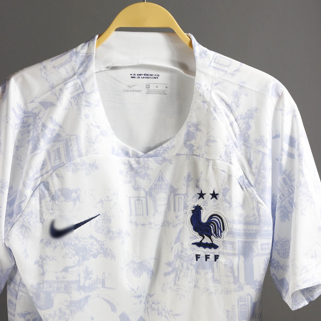 Áo tuyển Pháp sân khách Leaguestore 22/23 - bộ quần áo đá bóng màu trắng họa tiết vải dệt mịn form âu
