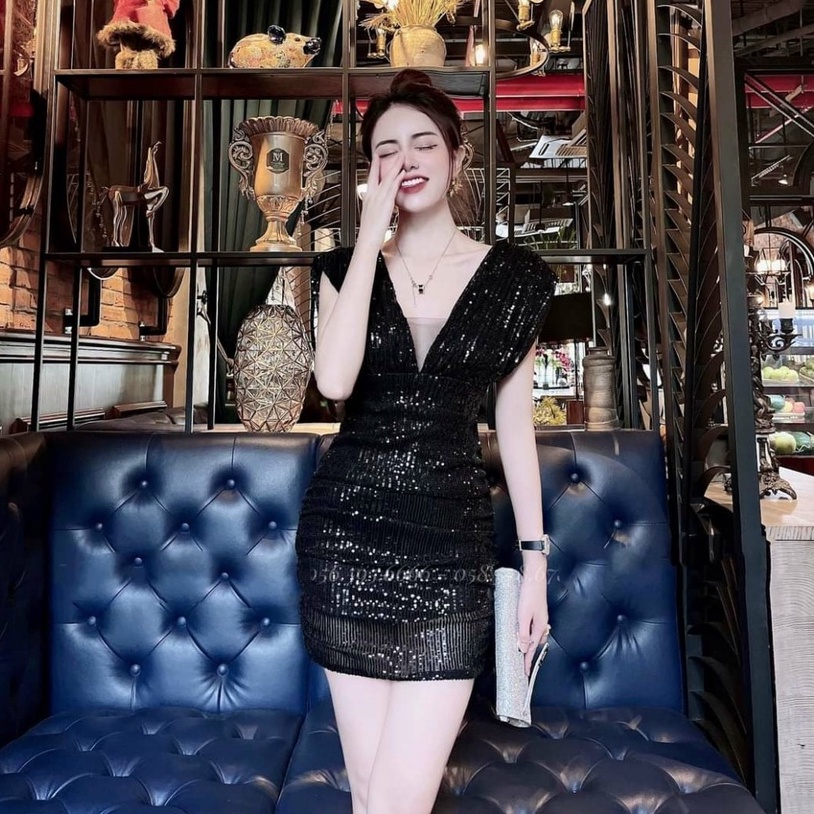 Đầm Nữ Ôm Body Chất Kim Sa - váy dự tiệc body kim sa cánh dơi khoét ngực sâu sexy