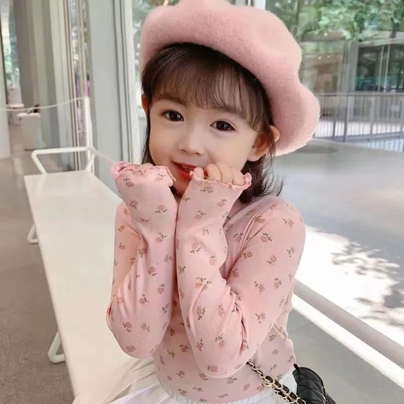 Áo Sơ Mi cotton Tay Dài Cổ Cao In Họa Tiết Hoa Phong Cách Hàn Quốc Cho Bé Gái Thời Trang Áo Thun Dài Tay Bé Gái