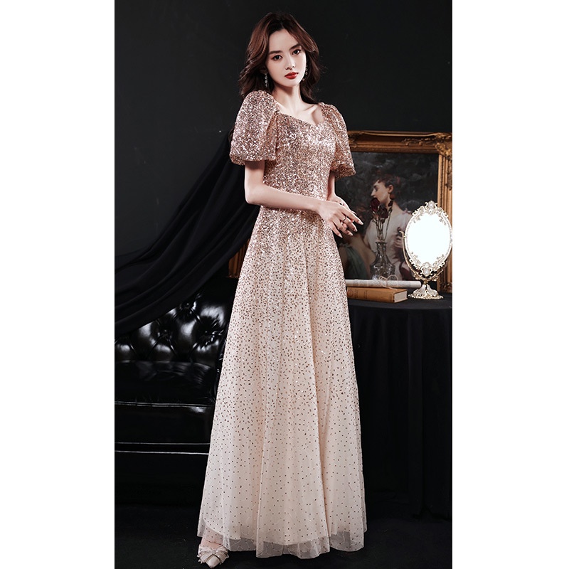 Đầm Dạ Hội Dáng Dài Đính Kim Sa Màu Sâm Panh Phong Cách Pháp Thời Trang Sang Trọng