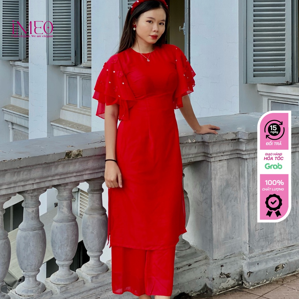 Áo dài cách tân, áo dài truyền thống vải lụa màu đỏ tươi áo dài IMEO