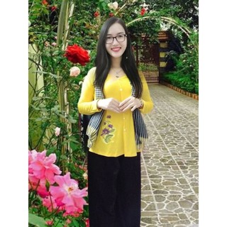 Set bộ bà ba thêu hoa sen vải thun cổ tim tay dài