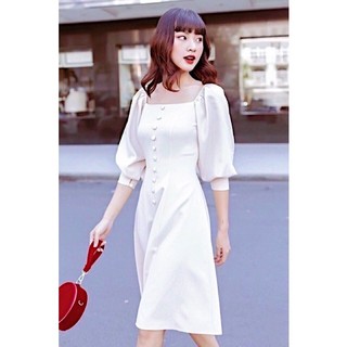 Đầm trắng tay lỡ nút bọc (kèm hình thật)