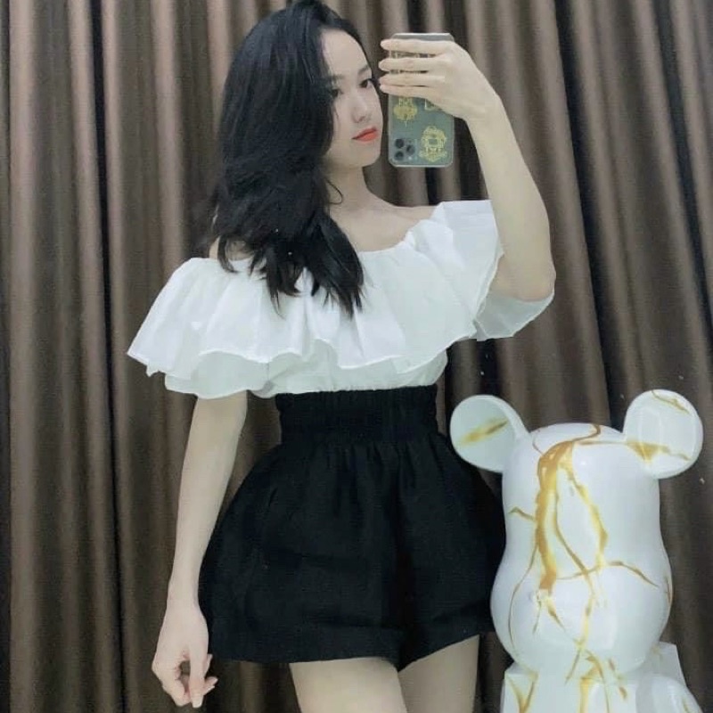 Áo trễ vai tay phồng bánh bèo tầng siêu xinh 2 lớp dày dặn