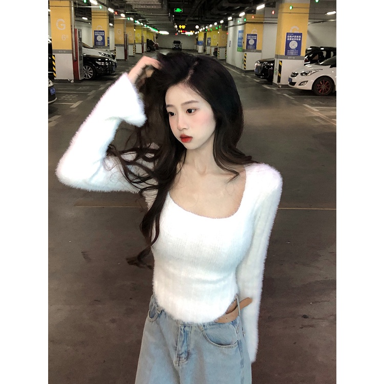 QADCOL Áo sweater Croptop Giả Lông Chồn Cổ Vuông Thời Trang Mùa Thu Cho Nữ