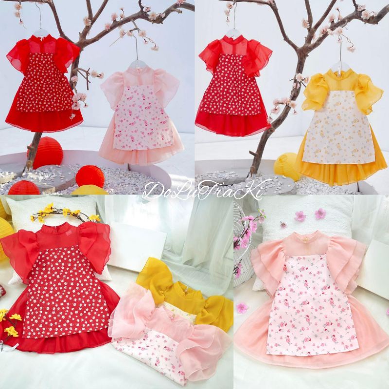 Set (8_30kg) áo dài hoa nhí tay bèo bồng tiểu thư bé gái