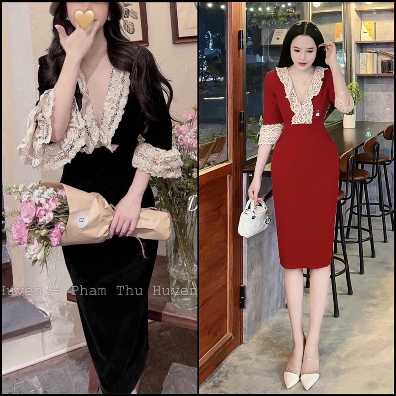 ĐẦM NHUNG ĐI TIỆC CỔ V TAY DÀI PHỐI REN SANG CHẢNH