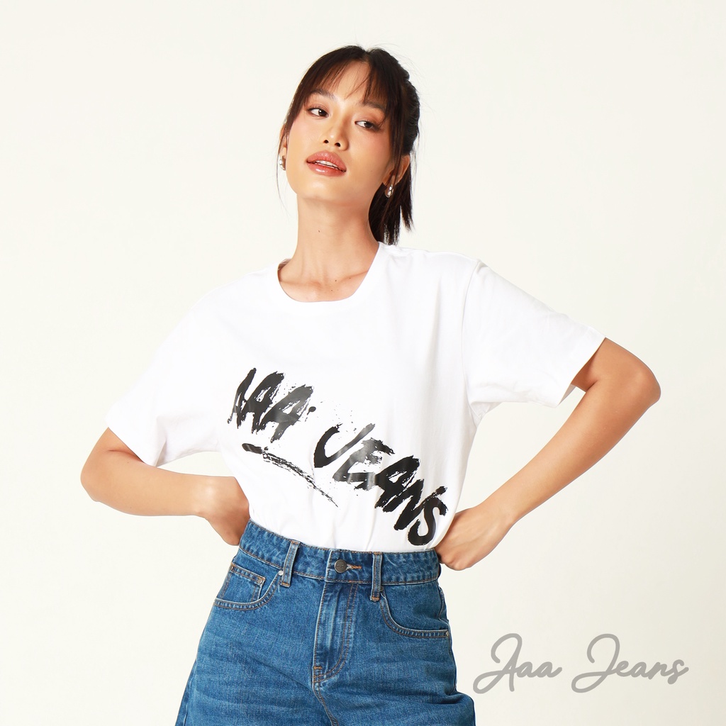 Áo Thun Nữ Cao Cấp Organic Cotton Màu Trắng Logo Aaa Jeans
