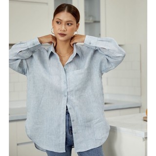 Áo Sơ Mi Nữ Dài Tay Chất Linen Màu Xanh Ánh Xám - MONO-LS-01 - Hashtagem ( Freesize dưới 60kg )
