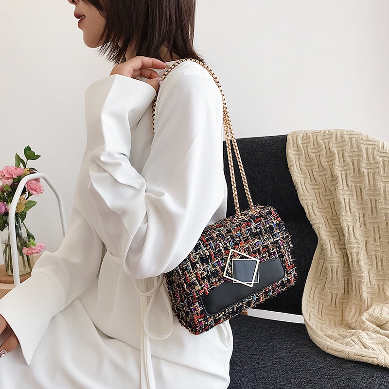 Túi Đeo Vai Bằng Len Phối Dây Xích Phong Cách Hàn Quốc Thời Trang Dành Cho Nữ