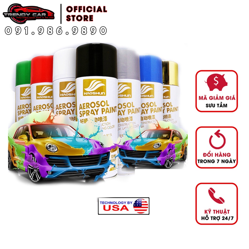 Sơn Xịt cầm tay đủ màu tiện lợi - Sơn Xịt Nhanh Khô, Sơn Xe Ô Tô Haoshun màu đen, chrome bạc, phủ bóng Tiện Lợi