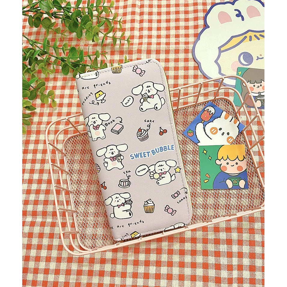 Ví Dài Cầm Tay, Bóp Cầm Tay Nữ Họa Tiết Hoạt Hình Cute Nhiều Ngăn Khóa Kéo Vàng