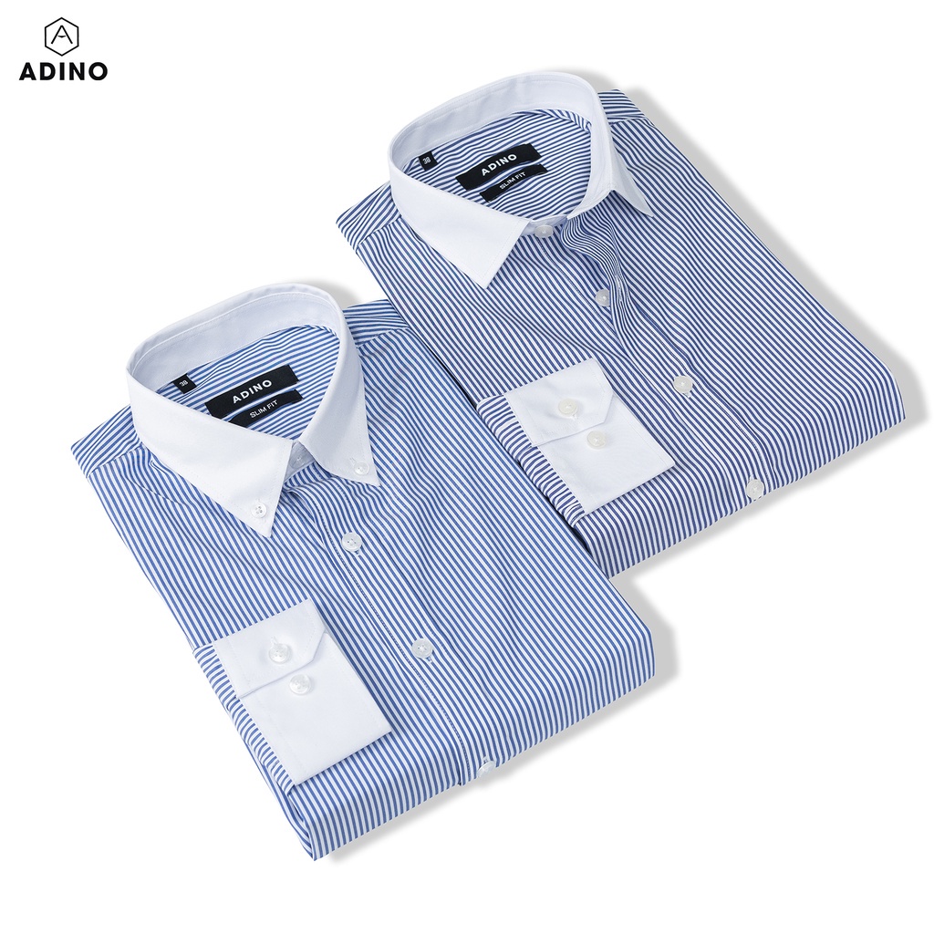 Áo sơ mi nam kẻ sọc màu xanh biển phối cổ trắng vải sợi sồi modal polyester mềm mịn dáng công sở slim hơi ôm Full box