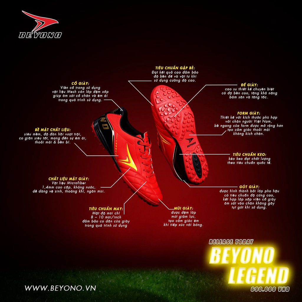 Giày bóng đá nam sân cỏ nhân tạo Beyono Legend chính hãng, form chân bè ngang, chất liệu Microfiber 1.4mm cao cấp