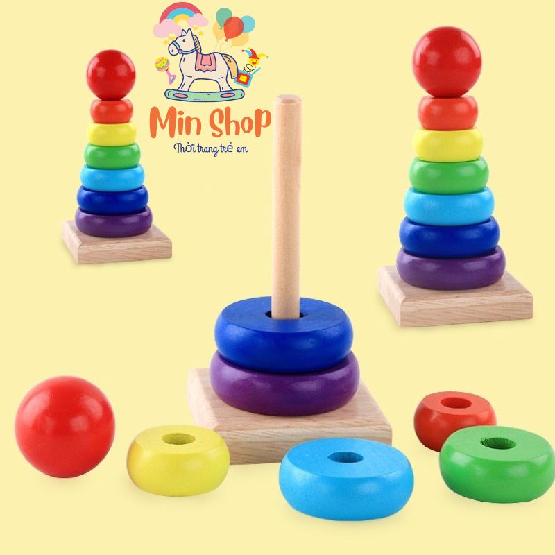 Đồ chơi gỗ tháp cầu vồng 7 màu, đồ chơi trí tuệ Montessori phát triển kỹ năng tư duy logic cho bé Balo mimi