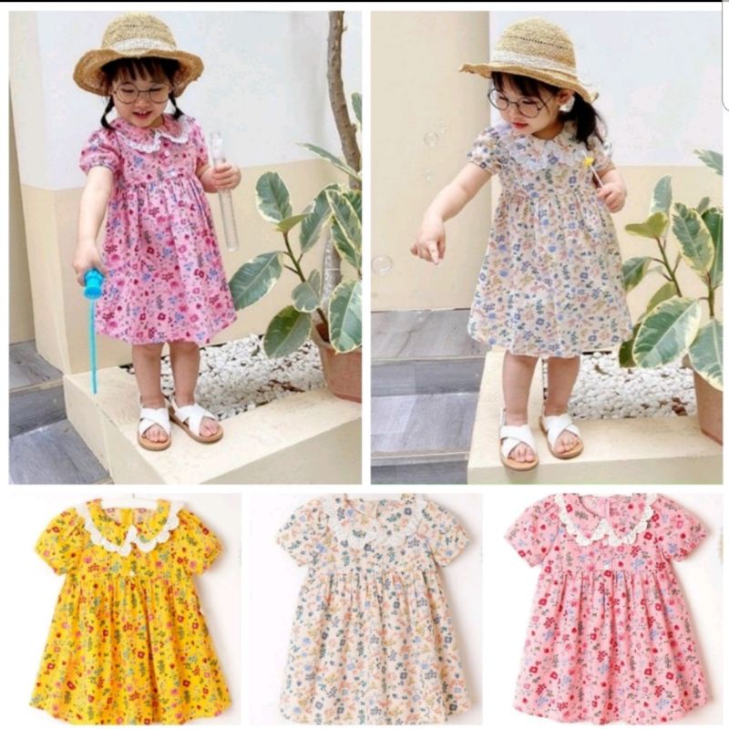Đầm hoa nhí dáng xòe cho bé gái. Đầm hoa cổ phối ren cho bé