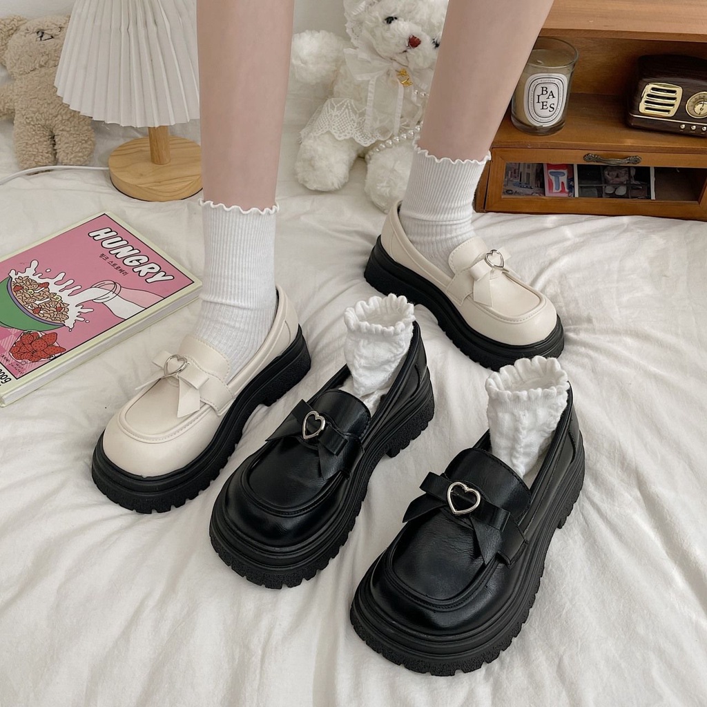 Giày Lười Da Đế Dày Đính Nơ Phong Cách Nhật Bản