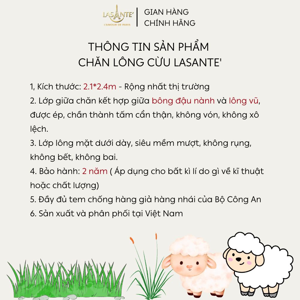 Mền lông cừu cao cấp Pháp LASANTE' Victoria Ngọc Trâm 2m1 x 2m4 mềm mại 3 lớp dày dặn siêu ấm