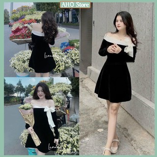 Váy Nhung Nữ Thiết Kế Váy Nữ Trễ Vai Buộc Nơ Freesize