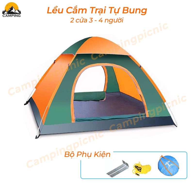 Lều cắm trại tự bung dành cho 3-4 người kích thước 2x2m thiết kế 2 cửa chính thoáng gió