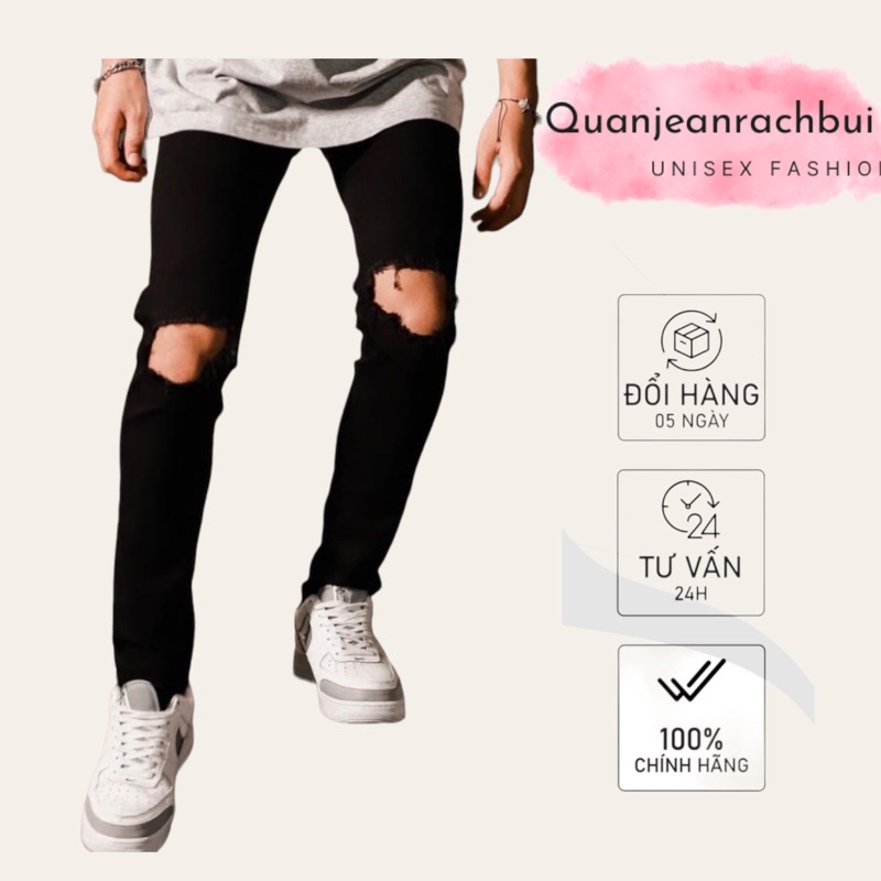 Quần Jeans Skinny Đen Rách To Ngang Gối ( rẻ đẹp )