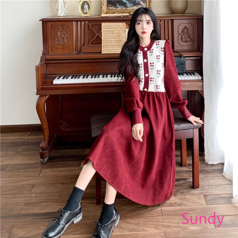 Đầm Dệt Kim Tay Dài Màu Đỏ Cổ Điển Phong Cách Giáng Sinh Thu Đông Cho Nữ Mừng Năm Mới