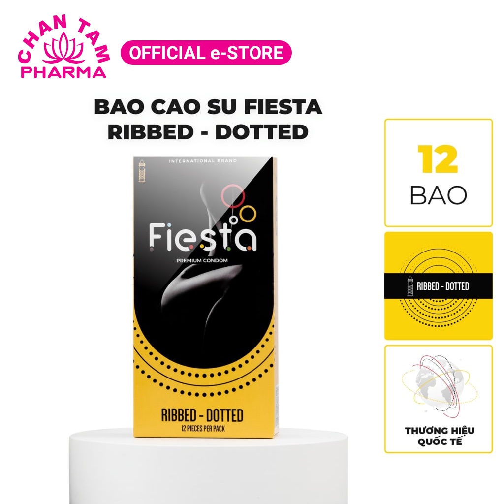 Bao cao su siêu mỏng gân, gai, bo đầu Fiesta Ribbed Dotted – hộp 12 cái